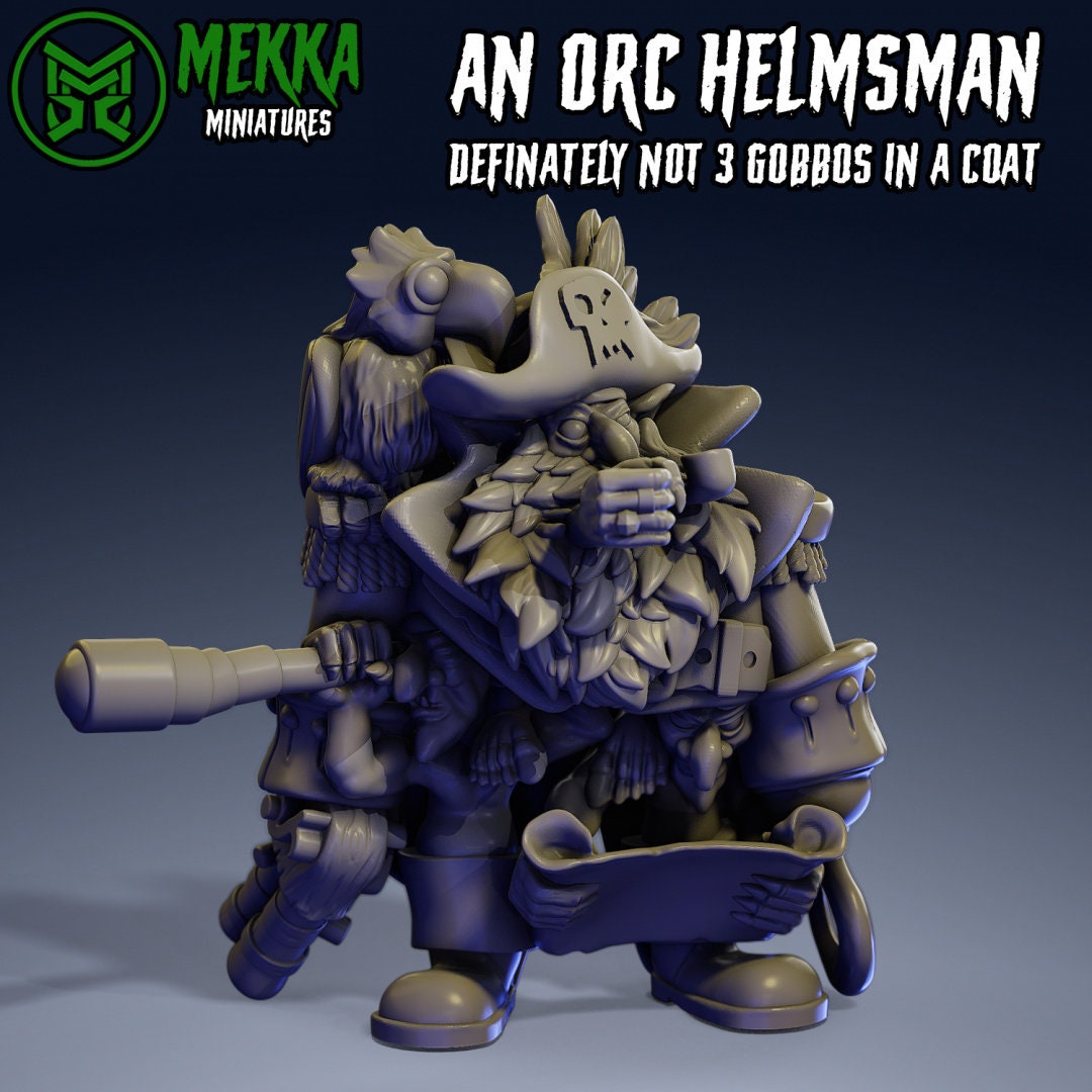 Ork Pirate Helmsman (definitely not 3 Gobbos in a coat) Resin Miniature Figure product image