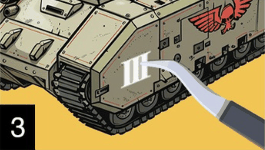Tweezers positioning a waterslide decal on a miniature vehicle panel