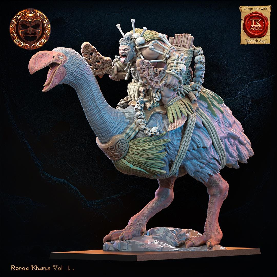3D Printed Roroa Ariki on Dromornis Mount by Lost Kingdom Miniatures